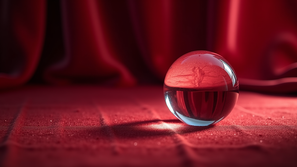 Eye-level view of a crystal ball resting on a velvet cloth
