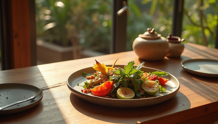High angle view of a peaceful dining setting with an Ayurvedic meal served on a wooden table