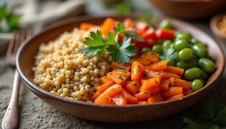 Eye-level view of a colorful plate with fresh vegetables and grains arranged for Vata dosha