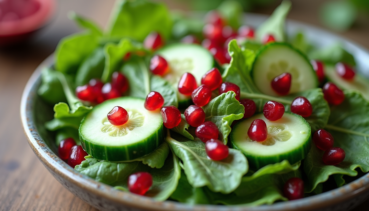 Close-up of a bowl of cooling salad with cucumbers, leafy greens, and pomegranate seeds for Pitta dosha
