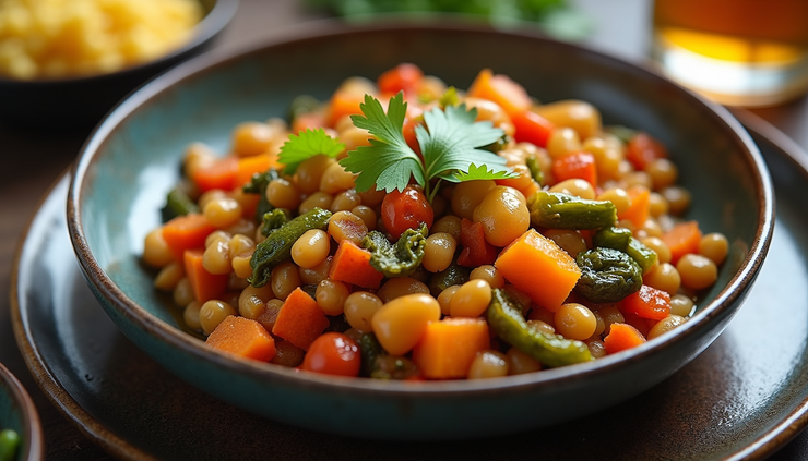 High angle view of a light, spicy Kapha-friendly meal with steamed vegetables and legumes