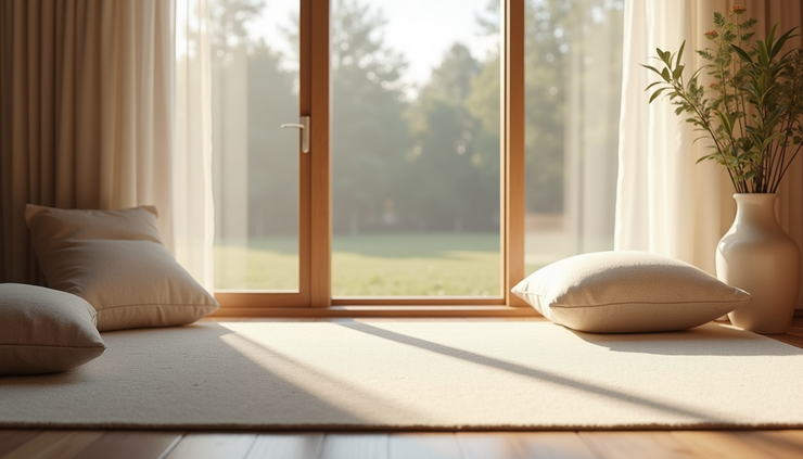 Eye-level view of a peaceful meditation room with a yoga mat and soft cushions