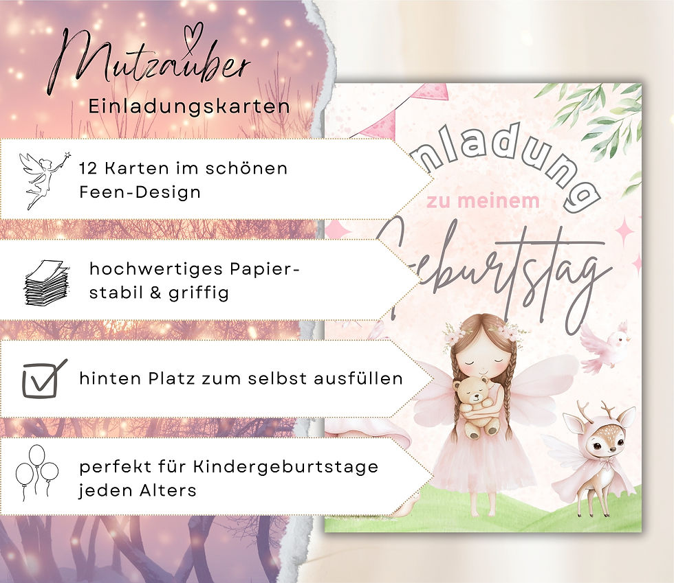 Miniaturbild: 12x Einladungskarten Fee | Braunhaariges Mädchen & Teddy | Magisch