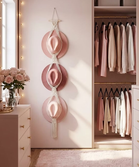 Soft pink walk-in closet with three hats on macramé wall hangings, pastel clothes in open wardrobe, and flowers by a lit window.