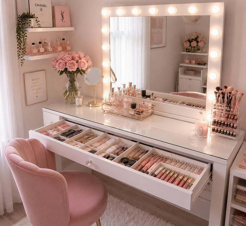 Pink vanity with lit mirror, roses, perfume, makeup drawers, and a blush chair; Chanel and YSL boxes on shelves.