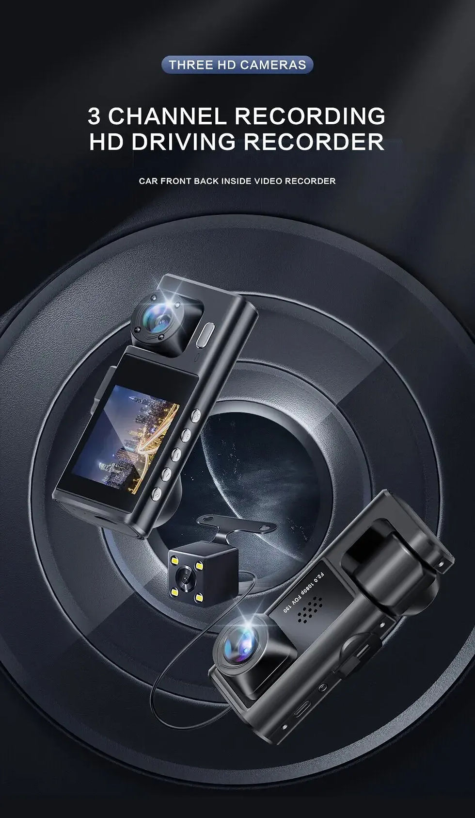 Miniature : Dash Cam 1080P 3 Channel Car DVR with Night Vision Loop Recording IPS Screen Int