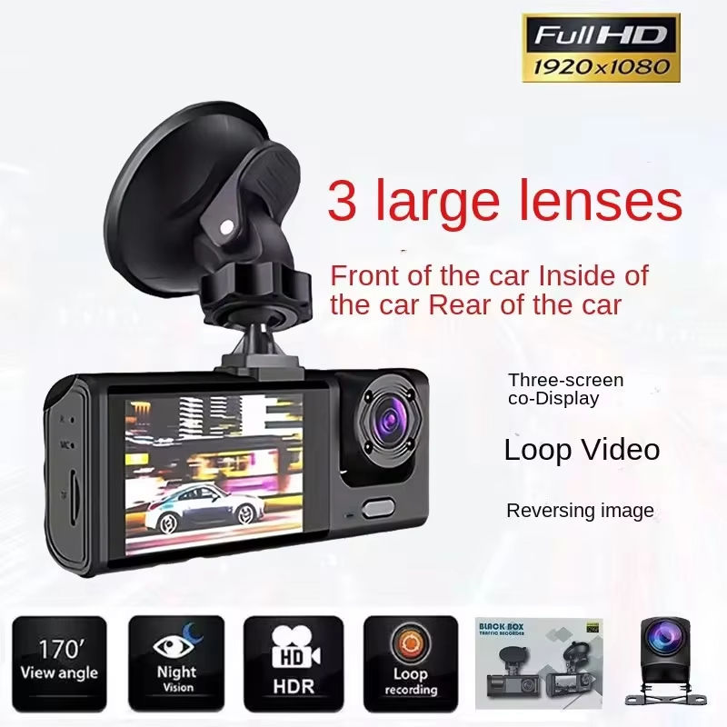 Dash Cam 1080P 3 Channel Car DVR with Night Vision Loop Recording IPS Screen Int