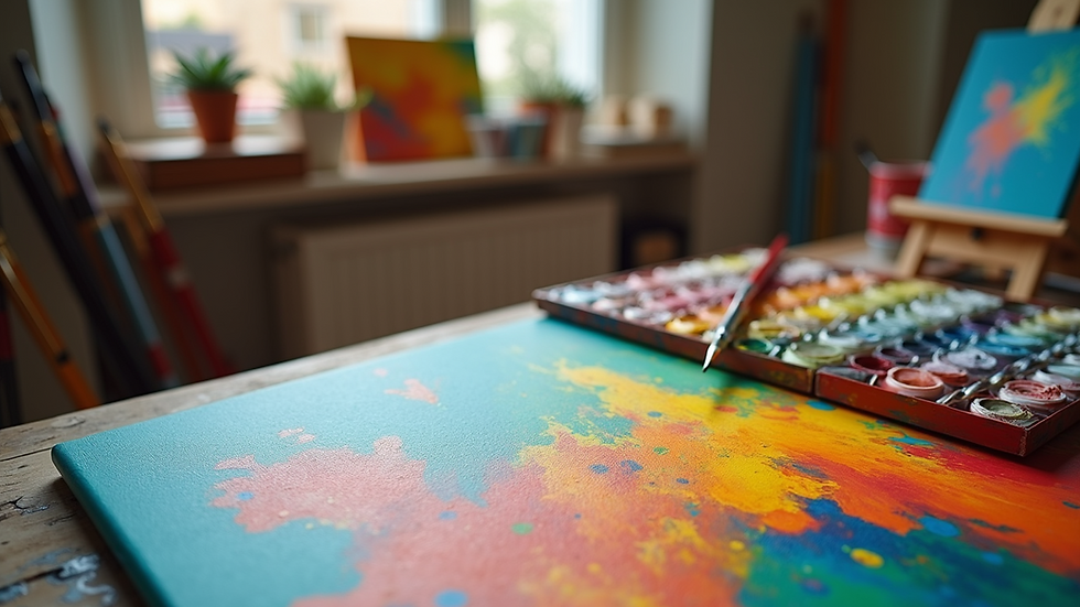 High angle view of a colorful art studio with paintbrushes and canvases