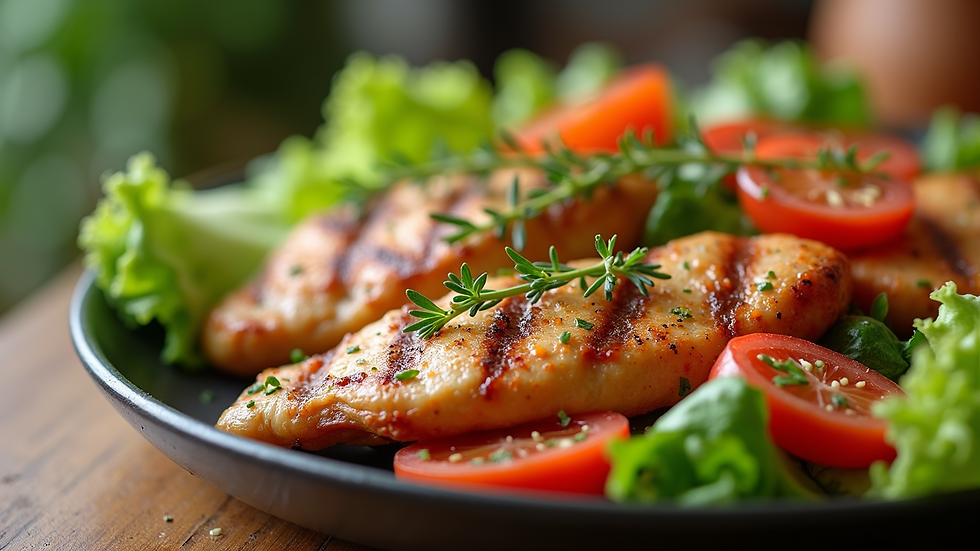Close-up of a colorful plate with fresh vegetables and grilled chicken