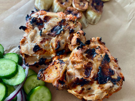 SIERRA LEONE: Pepe Grilled Chicken, Air Fried Plantains, and Cucumber Salad