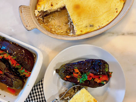 ALBANIA: Instant Pot Lamb, Rice, and Yogurt Gratin (Tavë Kosi) with Quick Pickled Stuffed Eggplant (Turshi me Patëllxhane)