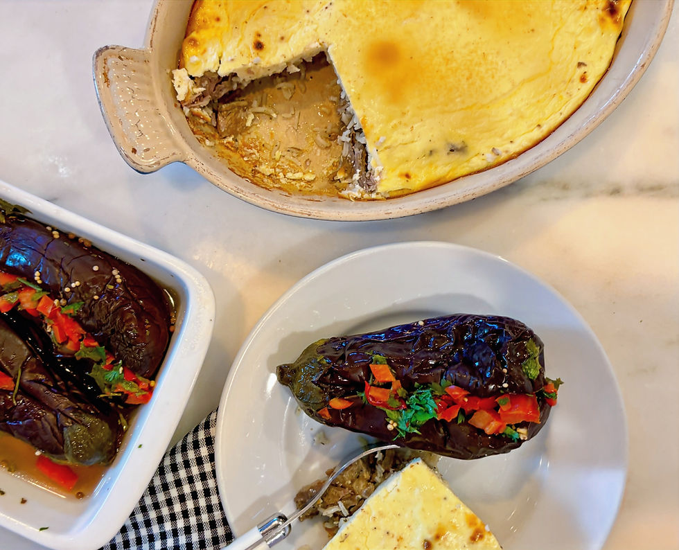 ALBANIA: Instant Pot Lamb, Rice, and Yogurt Gratin (Tavë Kosi) with Quick Pickled Stuffed Eggplant (Turshi me Patëllxhane)