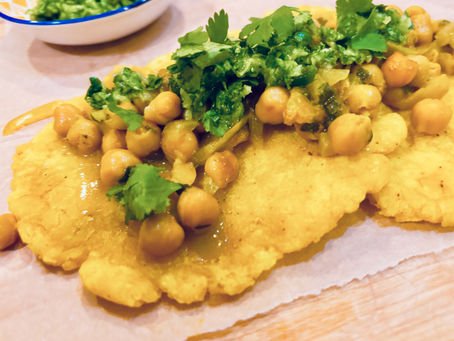 TRINIDAD AND TOBAGO: Curried Chickpeas and Cucumber Chutney on Flatbread (Doubles)