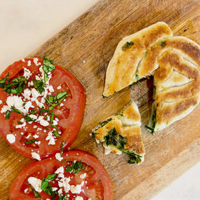 MOLDOVA: Greens-and-Herb Stuffed Flatbread (Plachinda) and Seared Tomatoes with Feta