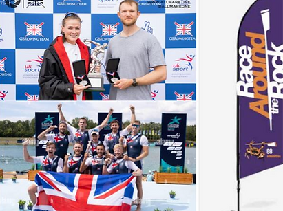 Example image demonstrating types of branded signage often used at race podium backdrops. Also a feather flag with the Race Around the Rock logo.