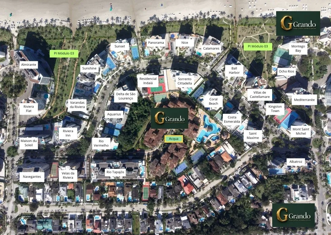 Mapa do Módulo 03 da Riviera de São Lourenço com o Edifício Acqua Riviera em destaque