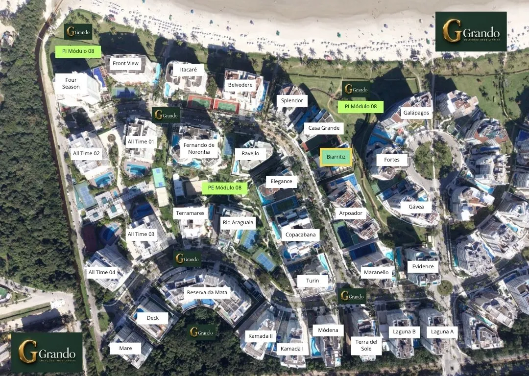 Mapa do Módulo 08 da Riviera de São Lourenço com o Edifício Biarritz em destaque