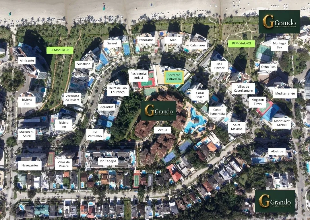 Mapa do Módulo 03 da Riviera de São Lourenço com o Edifício Sorrento e Cittadella em destaque