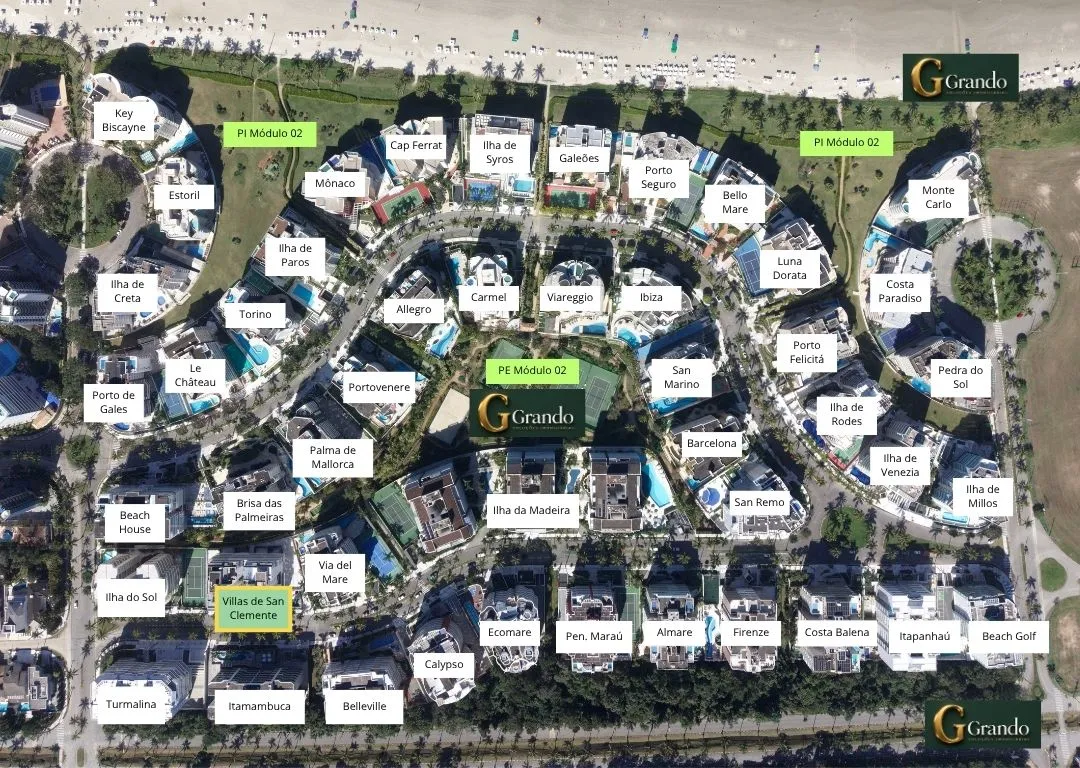 Mapa do Módulo 02 da Riviera de São Lourenço com o Edifício Villas de San Clemente em destaque