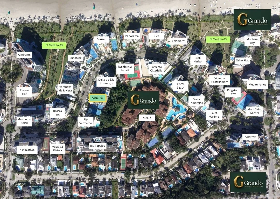 Mapa do Módulo 03 da Riviera de São Lourenço com o Edifício Aquarius em destaque