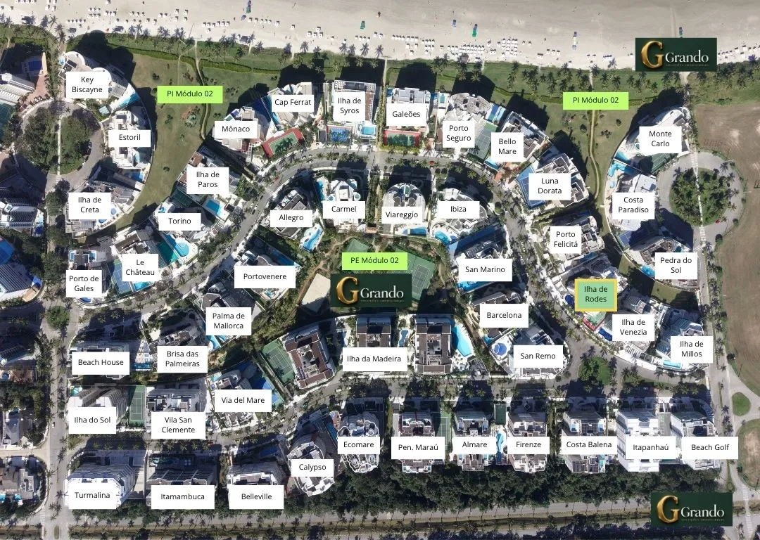 Mapa do Módulo 02 da Riviera de São Lourenço com o Edifício Ilha de Rodes em destaque