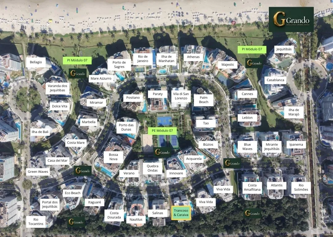 Mapa do Módulo 07 da Riviera de São Lourenço com o Edifício Trancoso & Caraiva em destaque