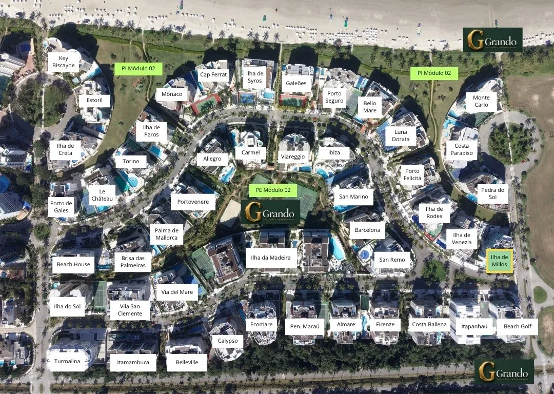 Mapa do Módulo 02 da Riviera de São Lourenço com o Edifício Ilha de Milos em destaque