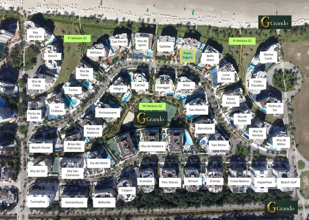 Mapa do Módulo 02 da Riviera de São Lourenço com o Edifício Porto Seguro em destaque