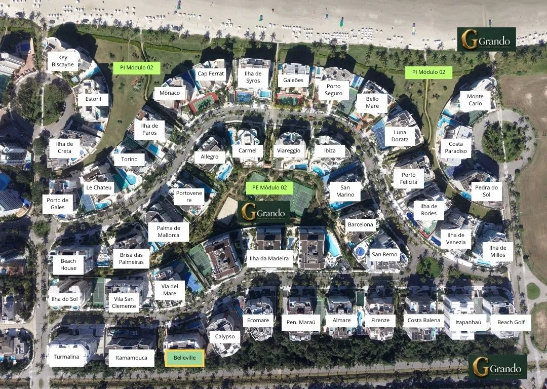 Mapa do Módulo 02 da Riviera de São Lourenço com o Edifício Belleville em destaque
