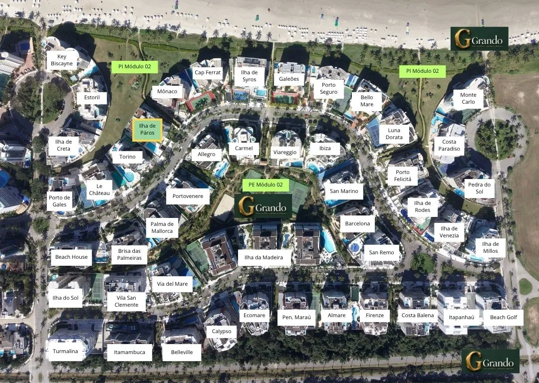 Mapa do Módulo 02 da Riviera de São Lourenço com o Edifício Ilha de Paros em destaque