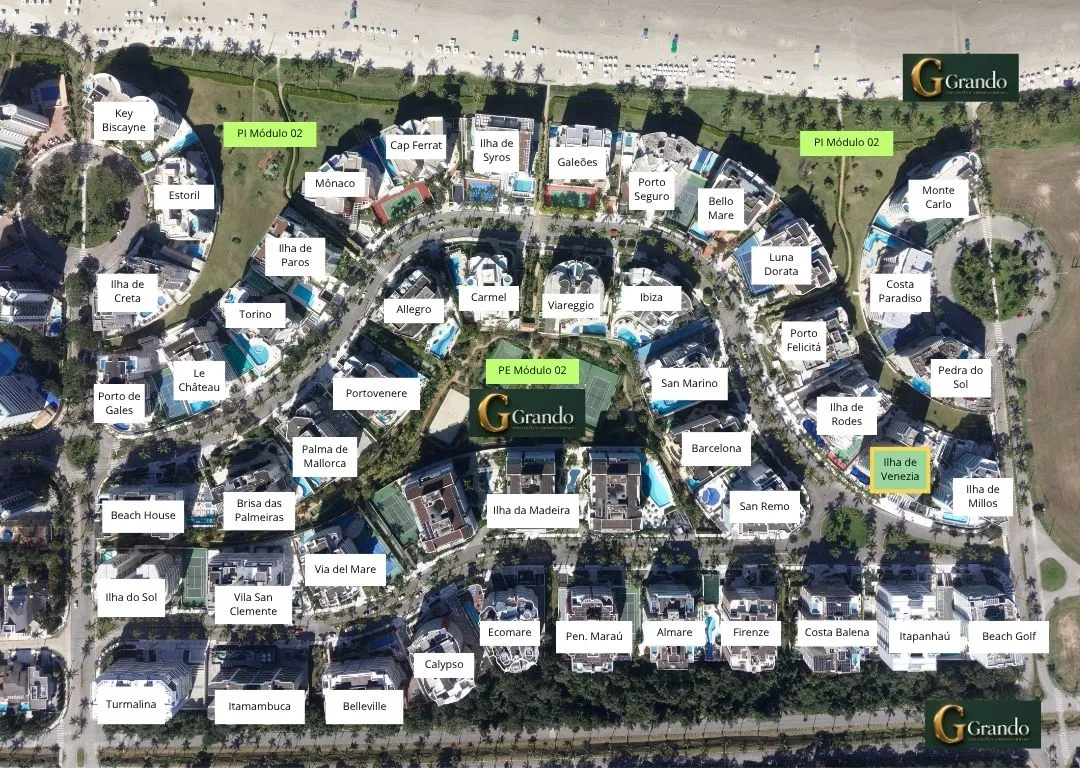 Mapa do Módulo 02 da Riviera de São Lourenço com o Edifício Ilha de Venezia em destaque