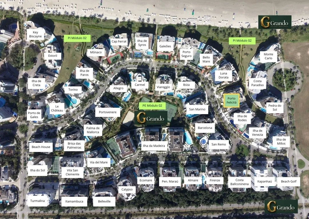 Mapa do Módulo 02 da Riviera de São Lourenço com o Edifício Porto Felicitá em destaque