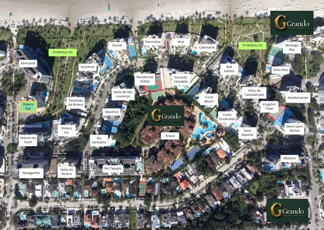 Mapa do Módulo 03 da Riviera de São Lourenço com o Edifício Riviera Flat em destaque