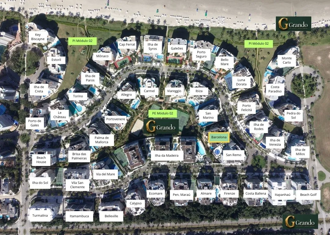 Mapa do Módulo 02 da Riviera de São Lourenço com o Edifício Barcelona em destaque