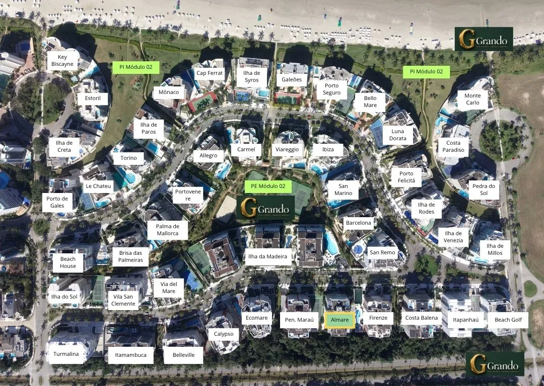 Mapa do Módulo 02 da Riviera de São Lourenço com o Edifício Almare em destaque