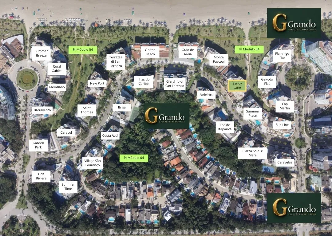 Mapa do Módulo 04 da Riviera de São Lourenço com o Edifício Sandy Lane em destaque