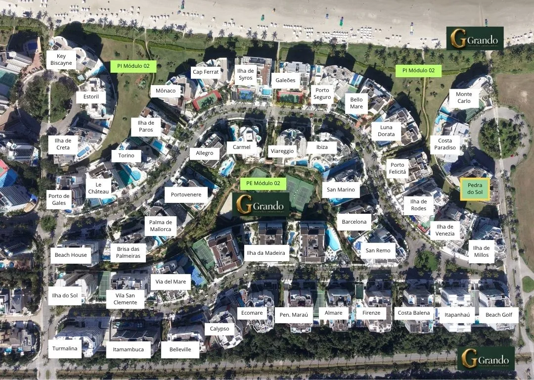 Mapa do Módulo 02 da Riviera de São Lourenço com o Edifício Pedra do Sol em destaque