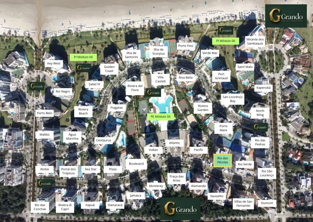 Mapa do Módulo 06 da Riviera de São Lourenço com o Edifício Rio das Pérolas em destaque