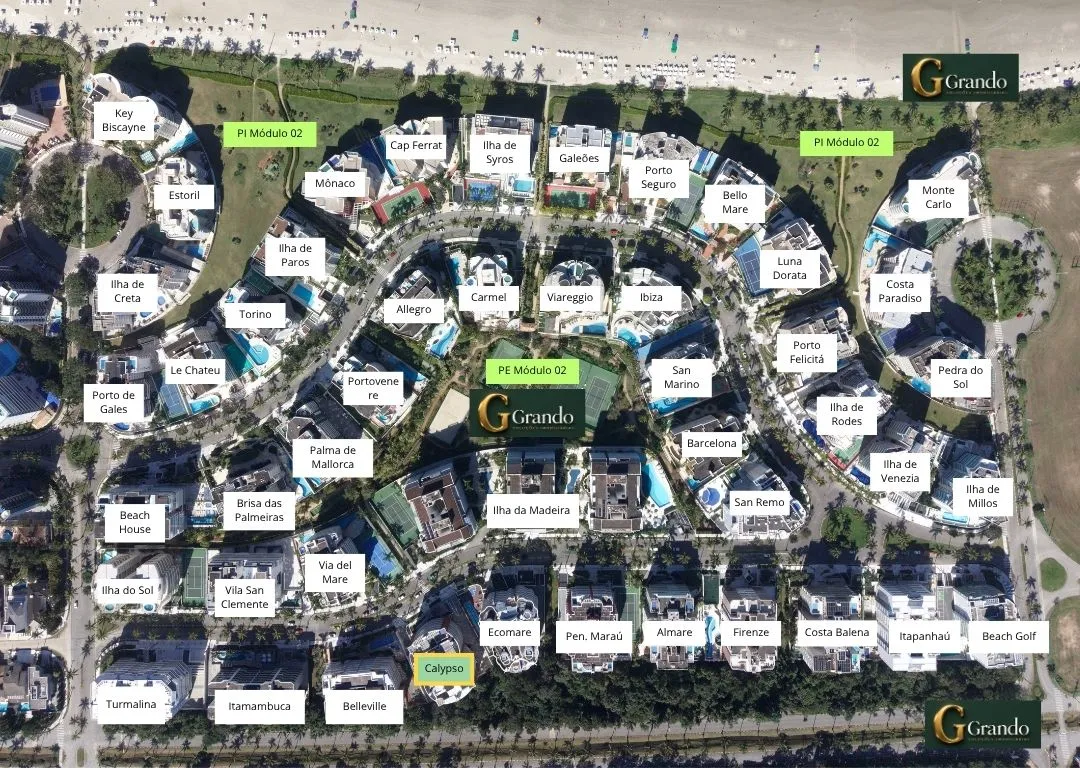 Mapa do Módulo 02 da Riviera de São Lourenço com o Edifício Calypso em destaque