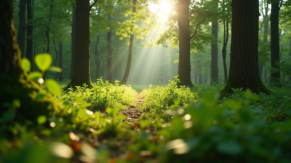 Eye-level view of a lush green forest with sunlight filtering through the trees