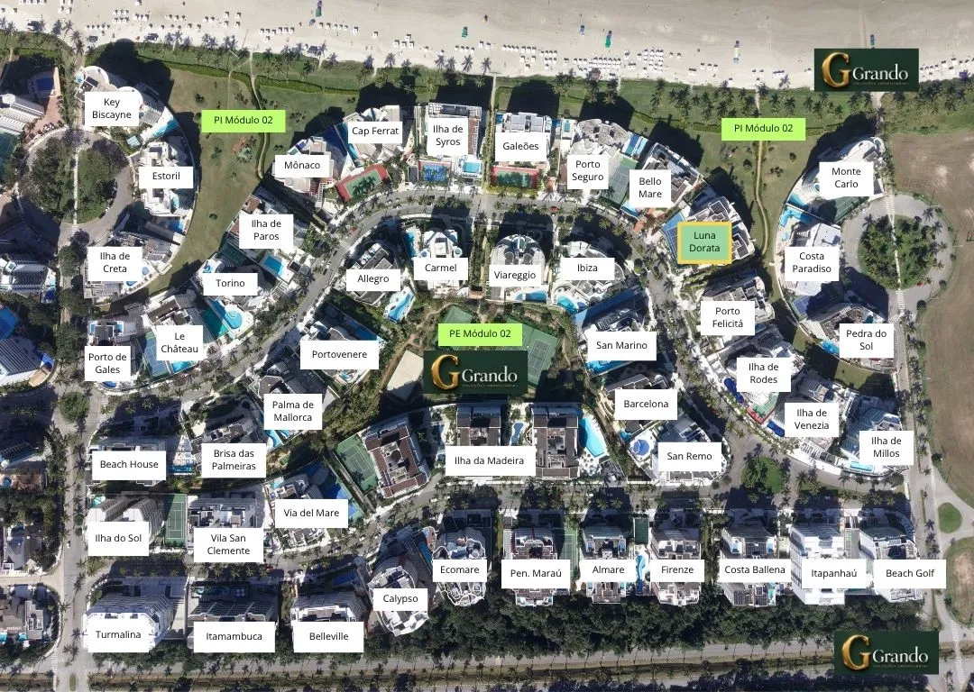 Mapa do Módulo 02 da Riviera de São Lourenço com o Edifício Luna Dorata em destaque
