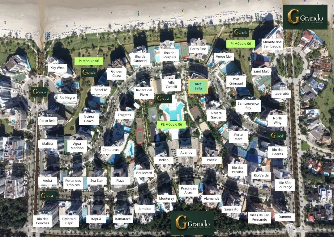 Mapa do Módulo 06 da Riviera de São Lourenço com o Edifício Riva Bella em destaque