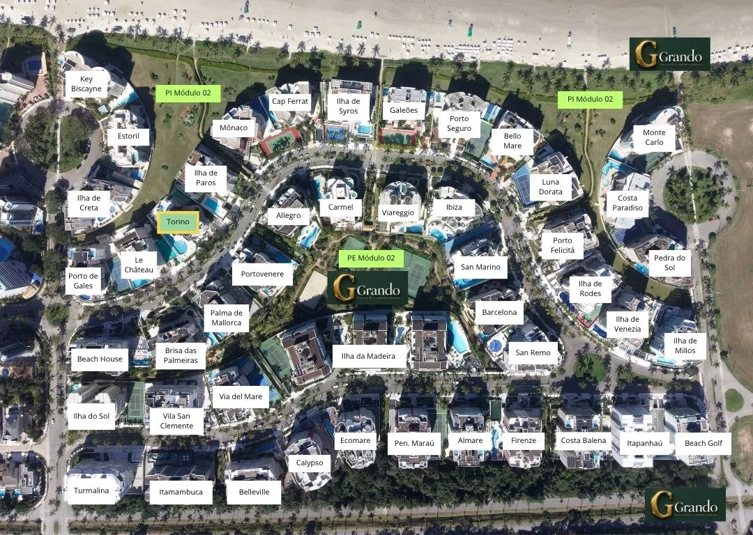 Mapa do Módulo 02 da Riviera de São Lourenço com o Edifício Torino em destaque