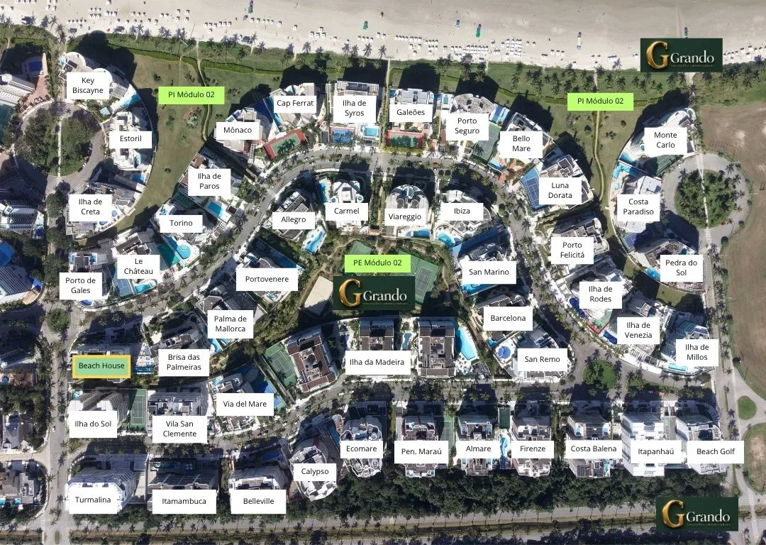 Mapa do Módulo 02 da Riviera de São Lourenço com o Edifício Beach House em destaque