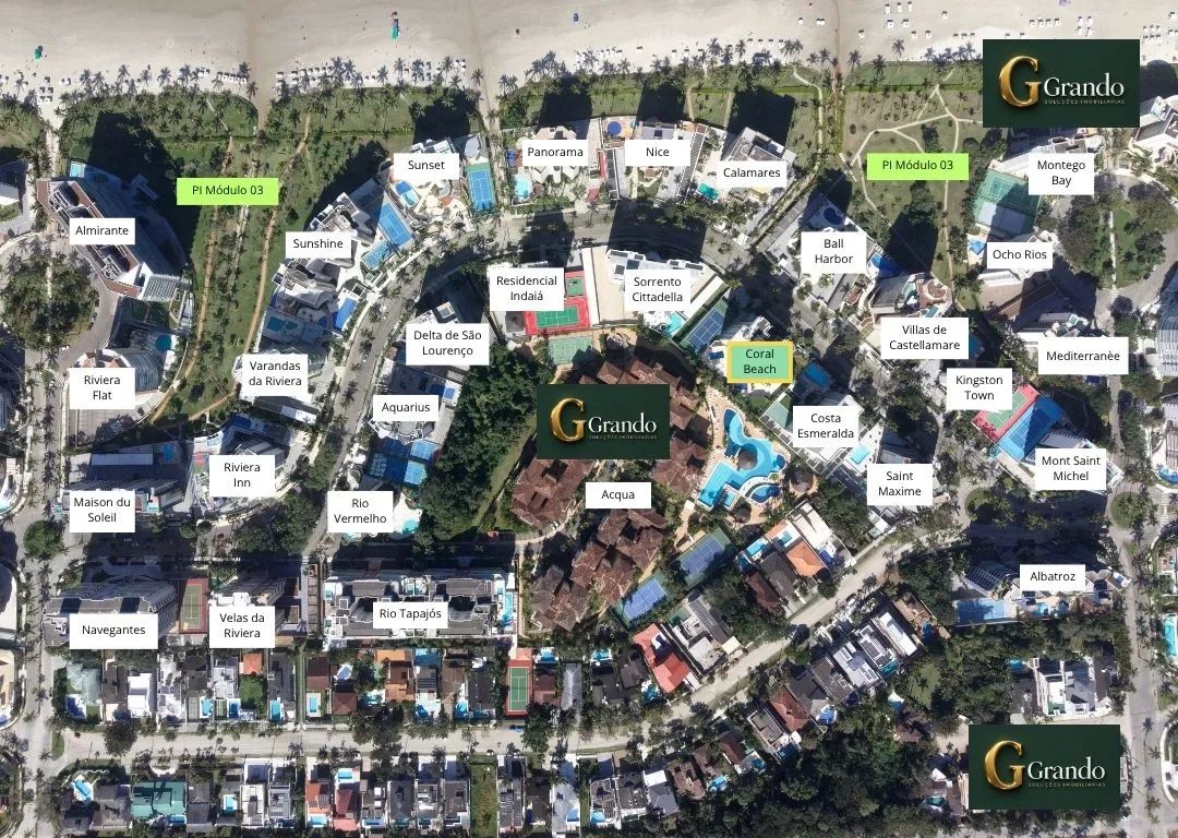 Mapa do Módulo 03 da Riviera de São Lourenço com o Edifício Coral Beach em destaque