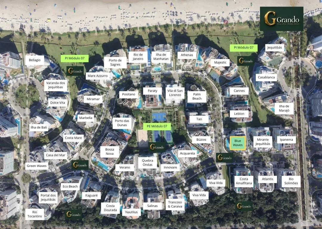 Mapa do Módulo 07 da Riviera de São Lourenço com o Edifício Blue Waves em destaque