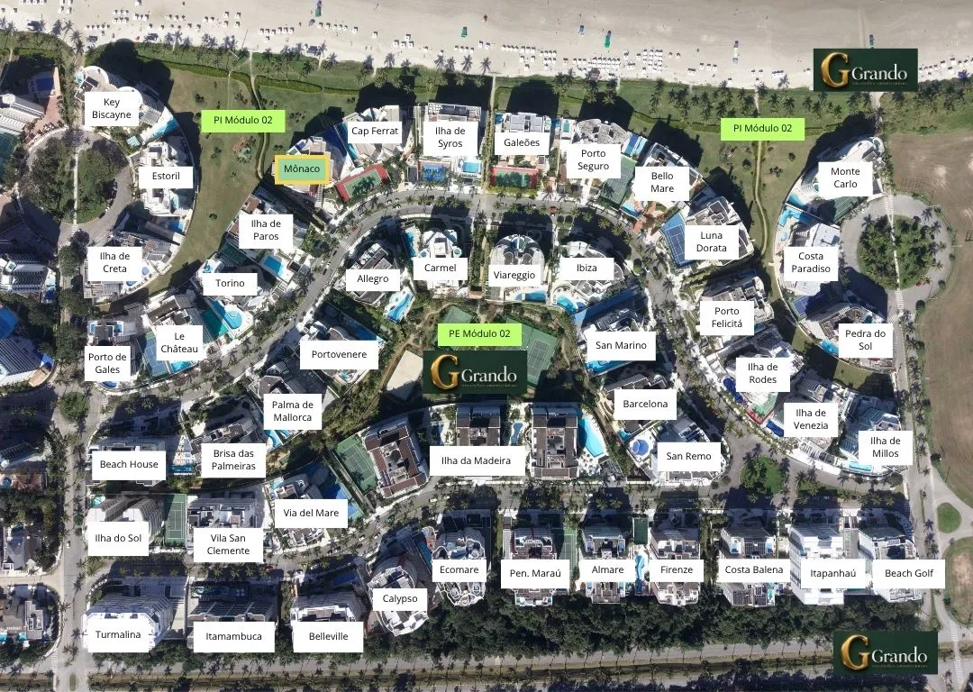 Mapa do Módulo 02 da Riviera de São Lourenço com o Edifício Mônaco em destaque