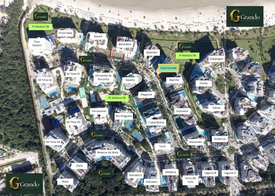 Mapa do Módulo 08 da Riviera de São Lourenço com o Edifício Casa Grande em destaque
