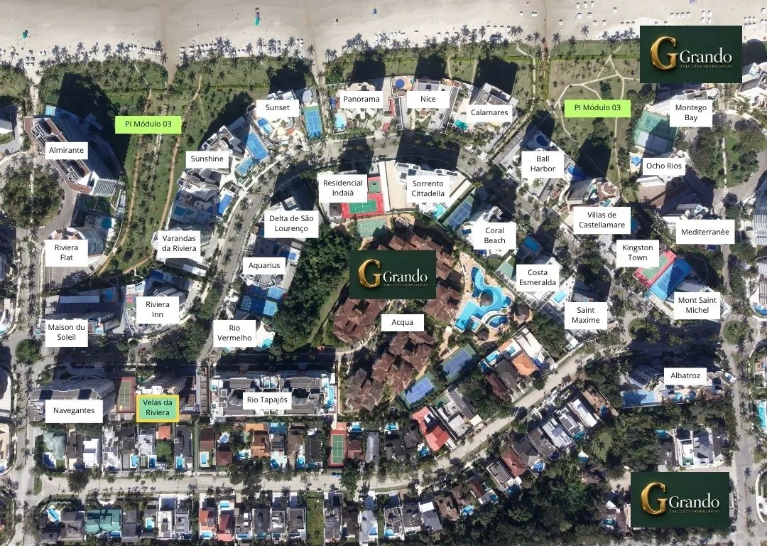 Mapa do Módulo 03 da Riviera de São Lourenço com o Edifício Velas da Riviera em destaque