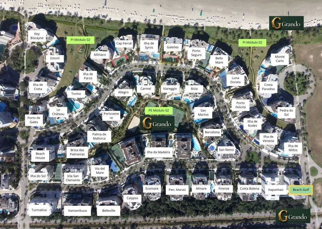 Mapa do Módulo 02 da Riviera de São Lourenço com o Edifício Beach & Golf em destaque